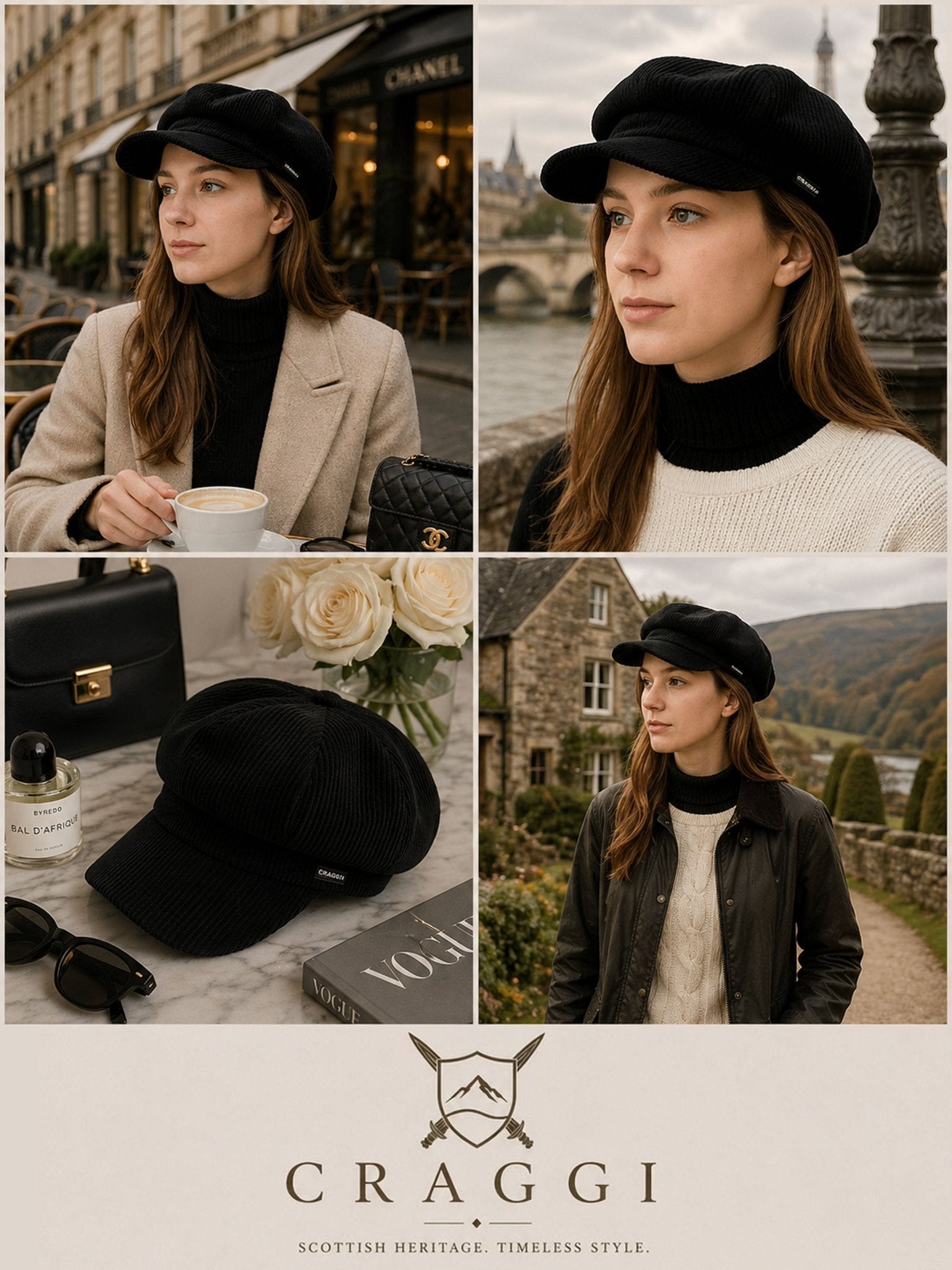 Craggi Baker boy ladies Black Cord Hat. Women Newsboy Cap CRAGGI Hats