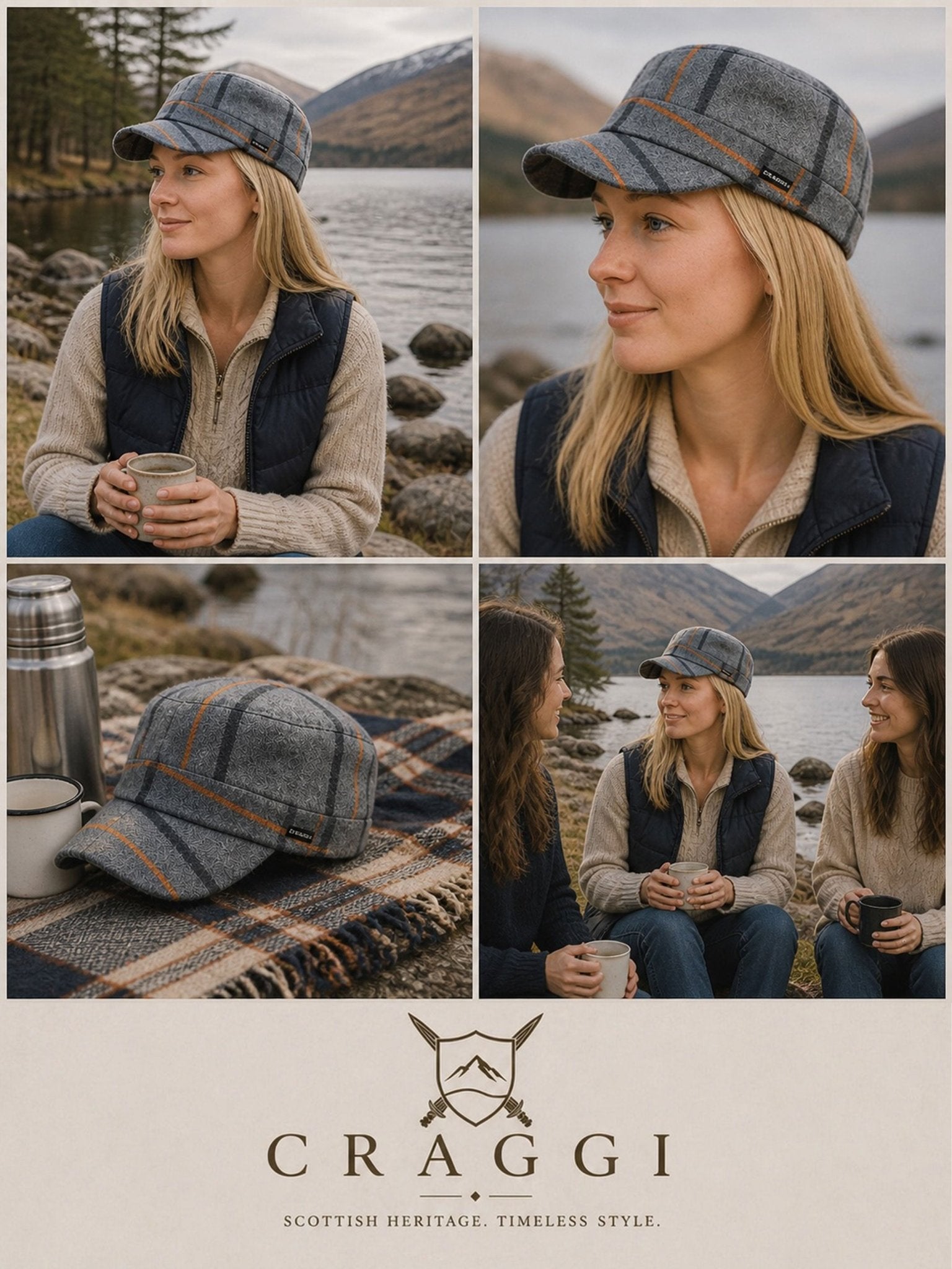 Craggi Grey Tweed Newsboy Cap Country Hat Grey Check Plaid military style Cap CRAGGI Hats