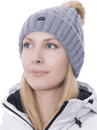 Craggi Ladies Bobble Hat Grey Cable Knit Pom Sports womens Beanie CRAGGI Hats