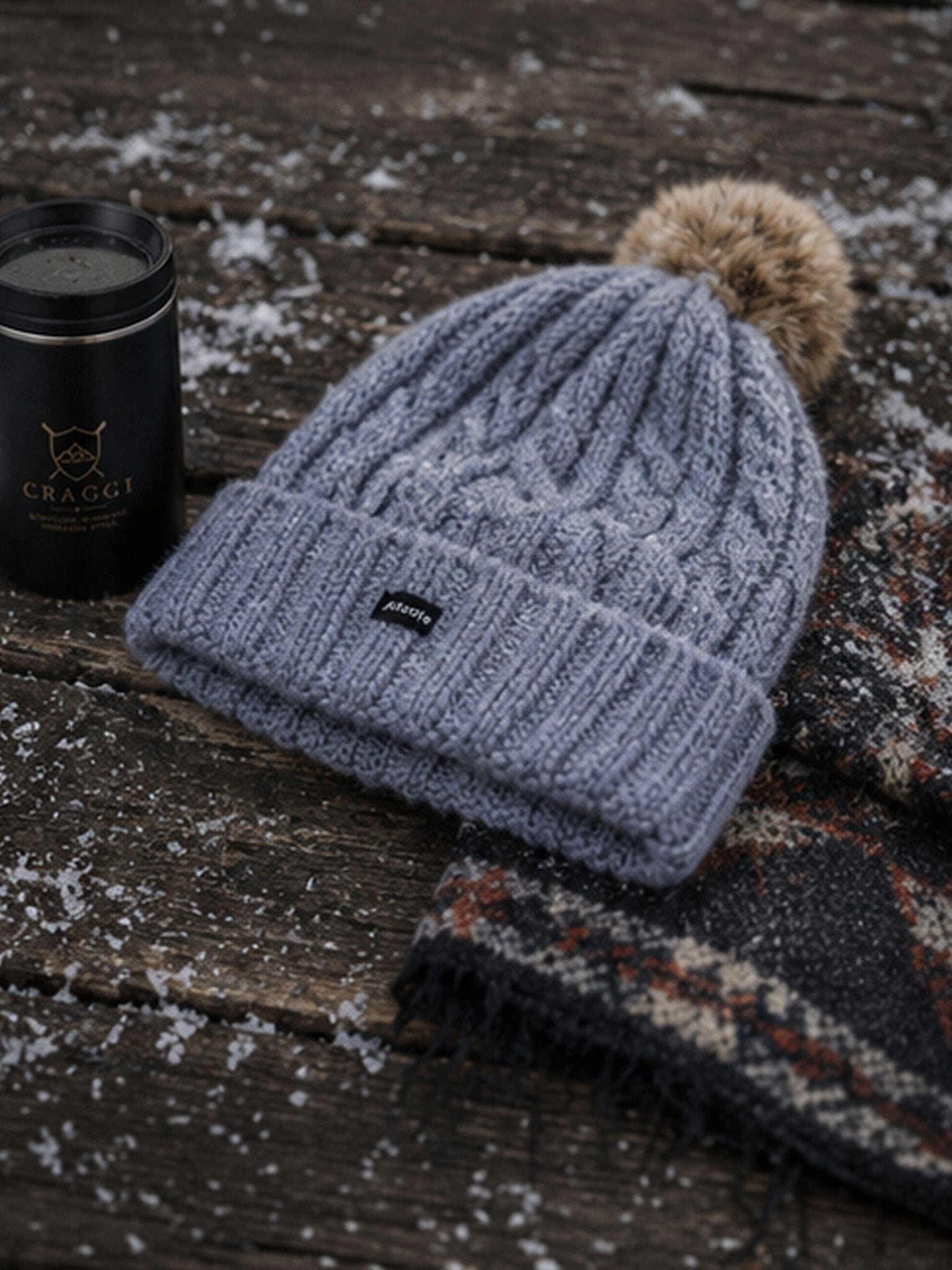 Craggi Ladies Bobble Hat Grey Cable Knit Pom Sports womens Beanie CRAGGI Hats