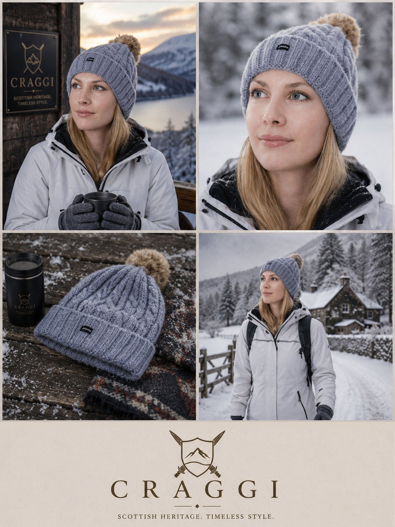 Craggi Ladies Bobble Hat Grey Cable Knit Pom Sports womens Beanie CRAGGI Hats