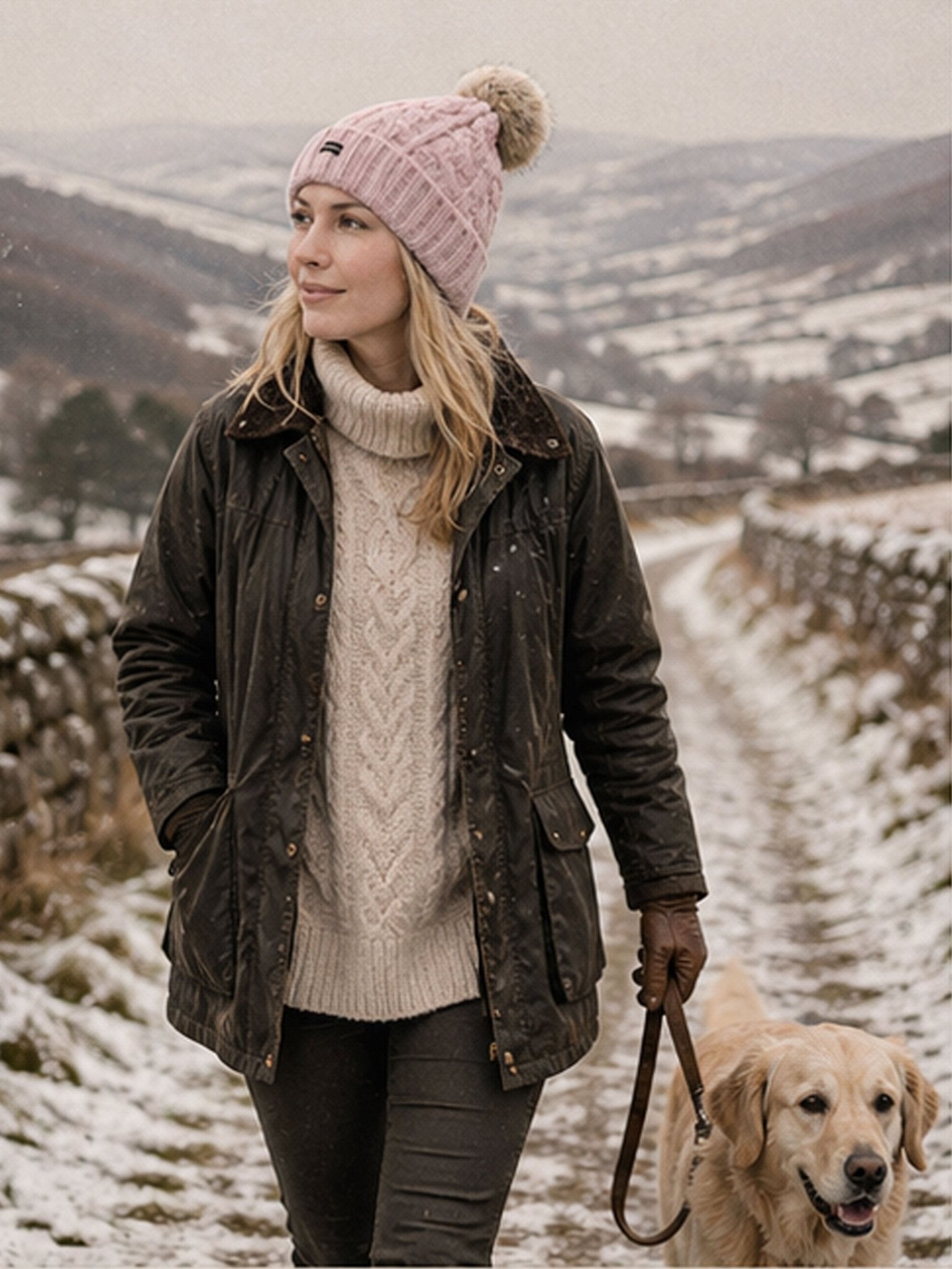 Craggi Ladies Bobble Hat Pink Knitted Pom, Womens Beanie Ski Hat CRAGGI Hats