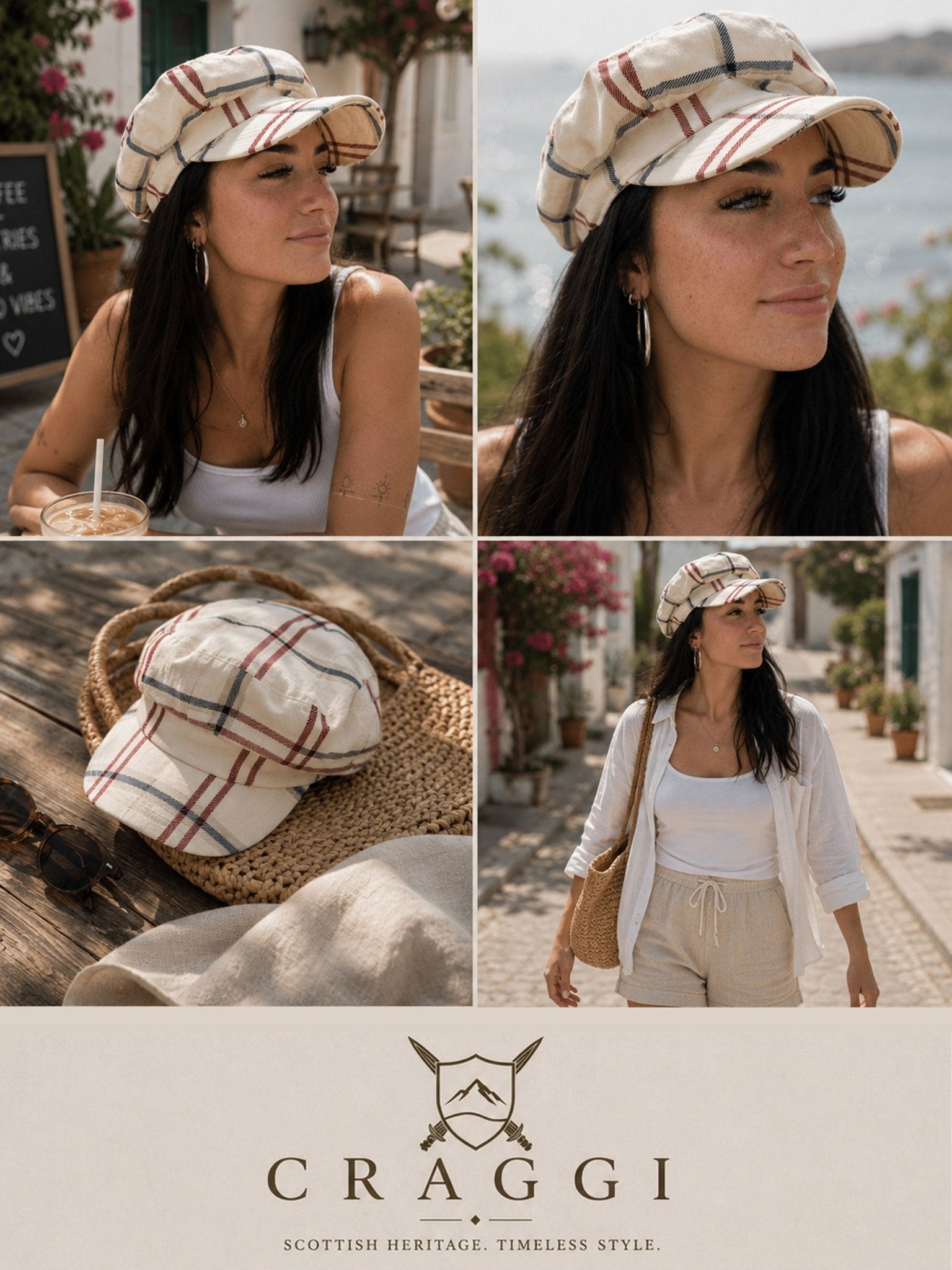 CRAGGI Ladies Signature Check Baker Boy Cap Red Navy Cream Newsboy Hat CRAGGI Hats