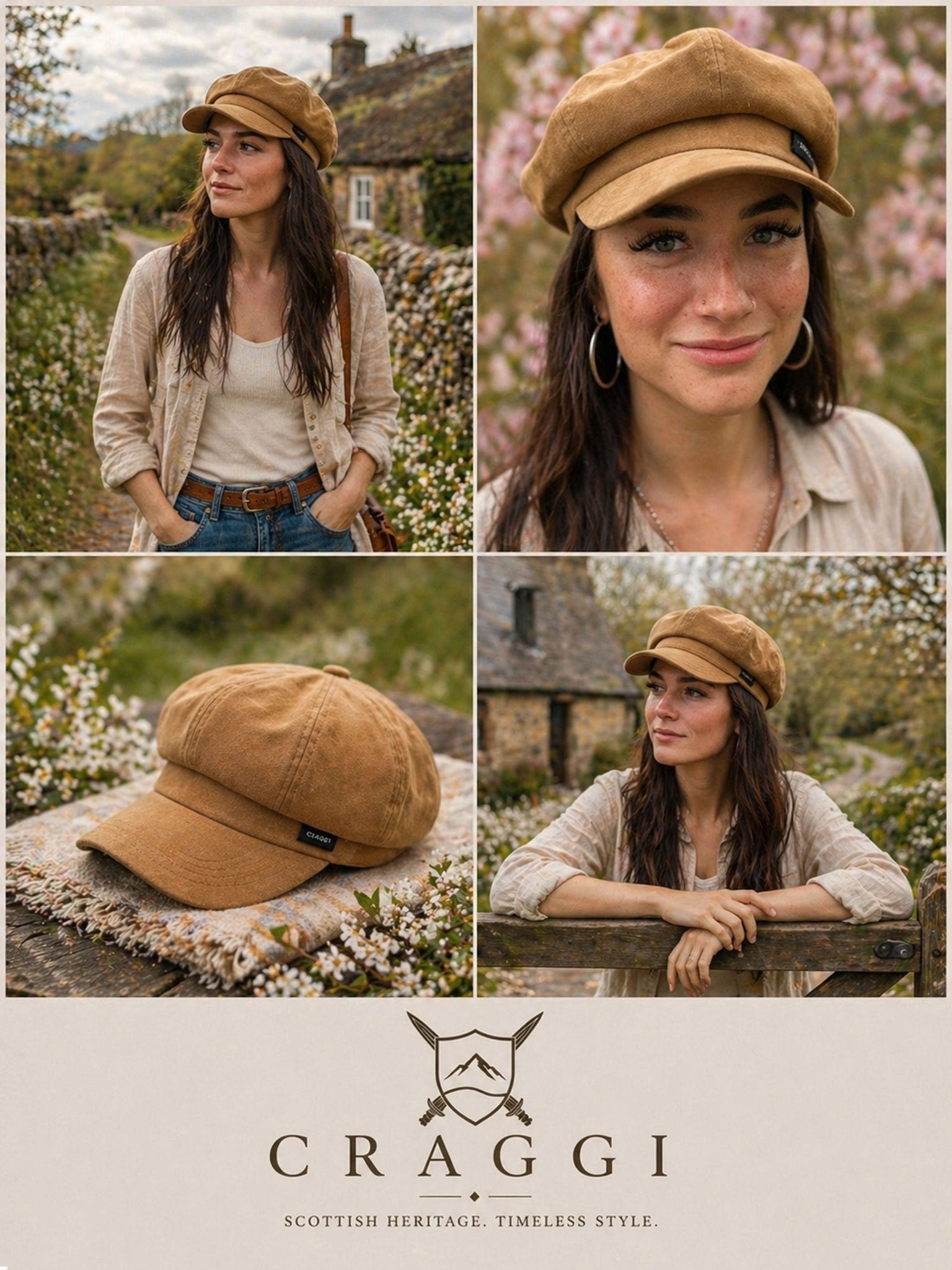 Craggi Ladies Velvet Gold Brown Baker Boy Hat. Womens Newsboy Cap CRAGGI Hats