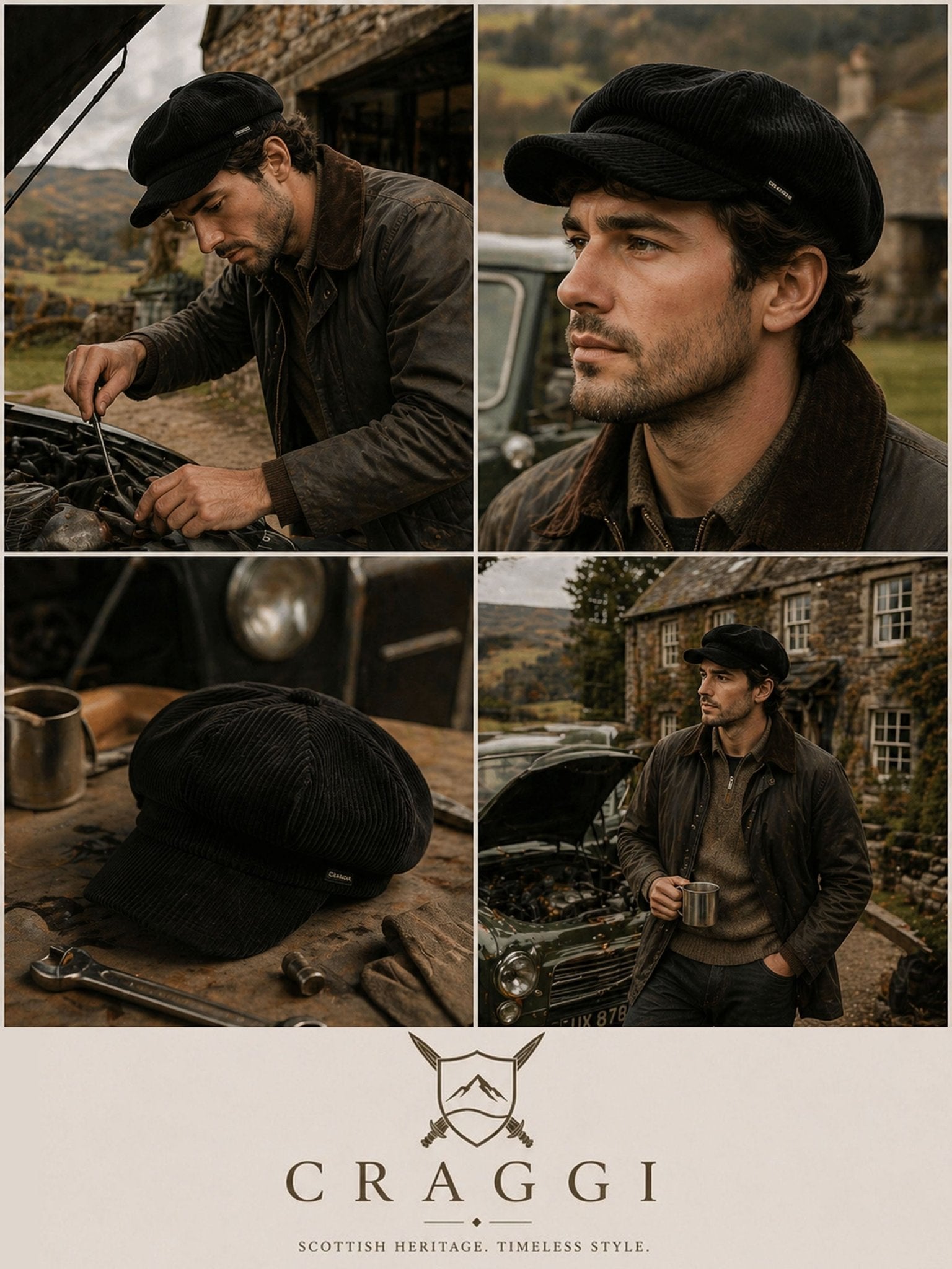Craggi Mens Peaky Blinders style Baker boy Black Cord Hat. Mans Shelby Cap CRAGGI Hats