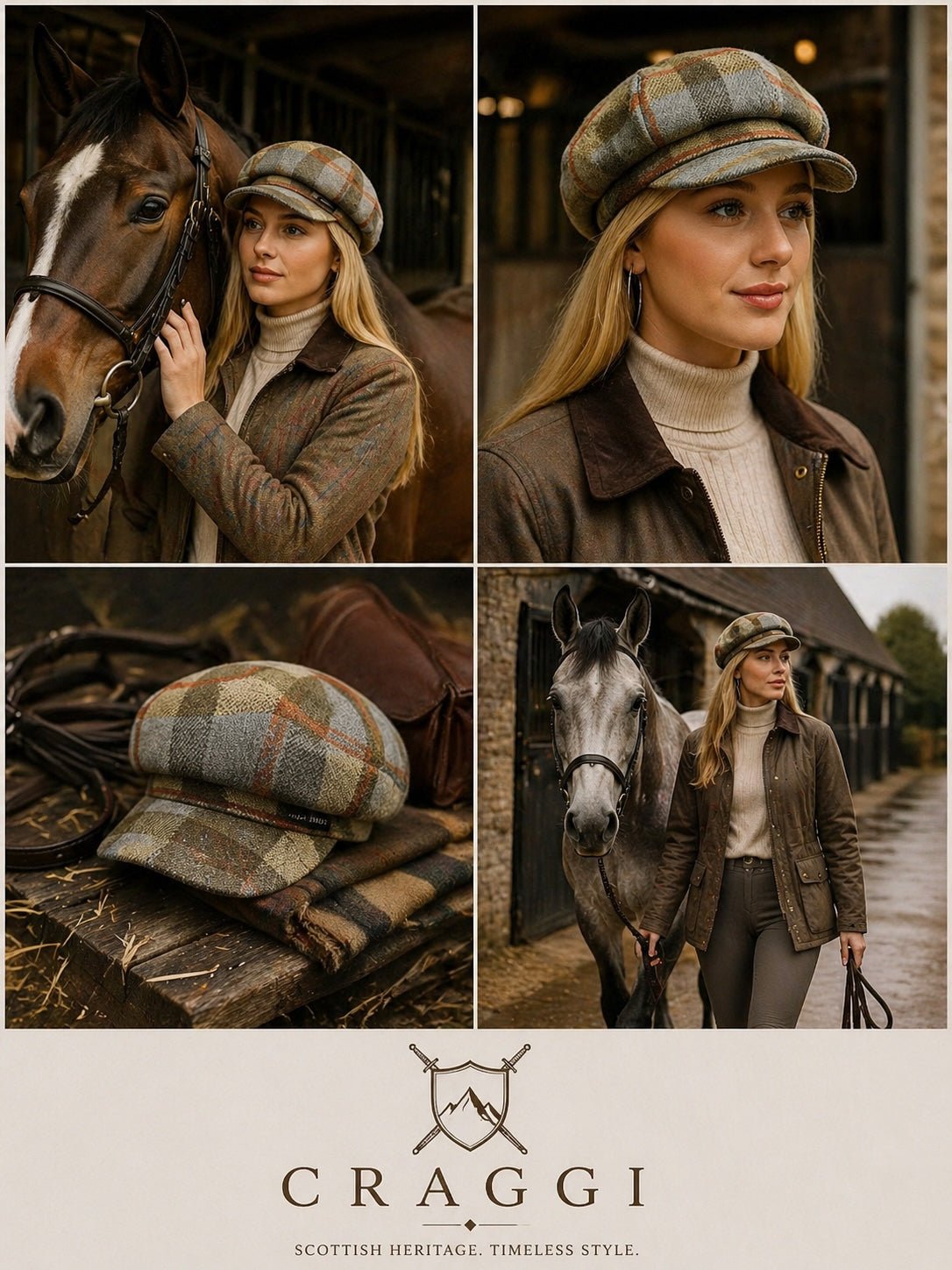 Craggi Olive Tweed Baker Boy Hat Newsboy Cap Sand Check Shelby Hats ladies CRAGGI Hats