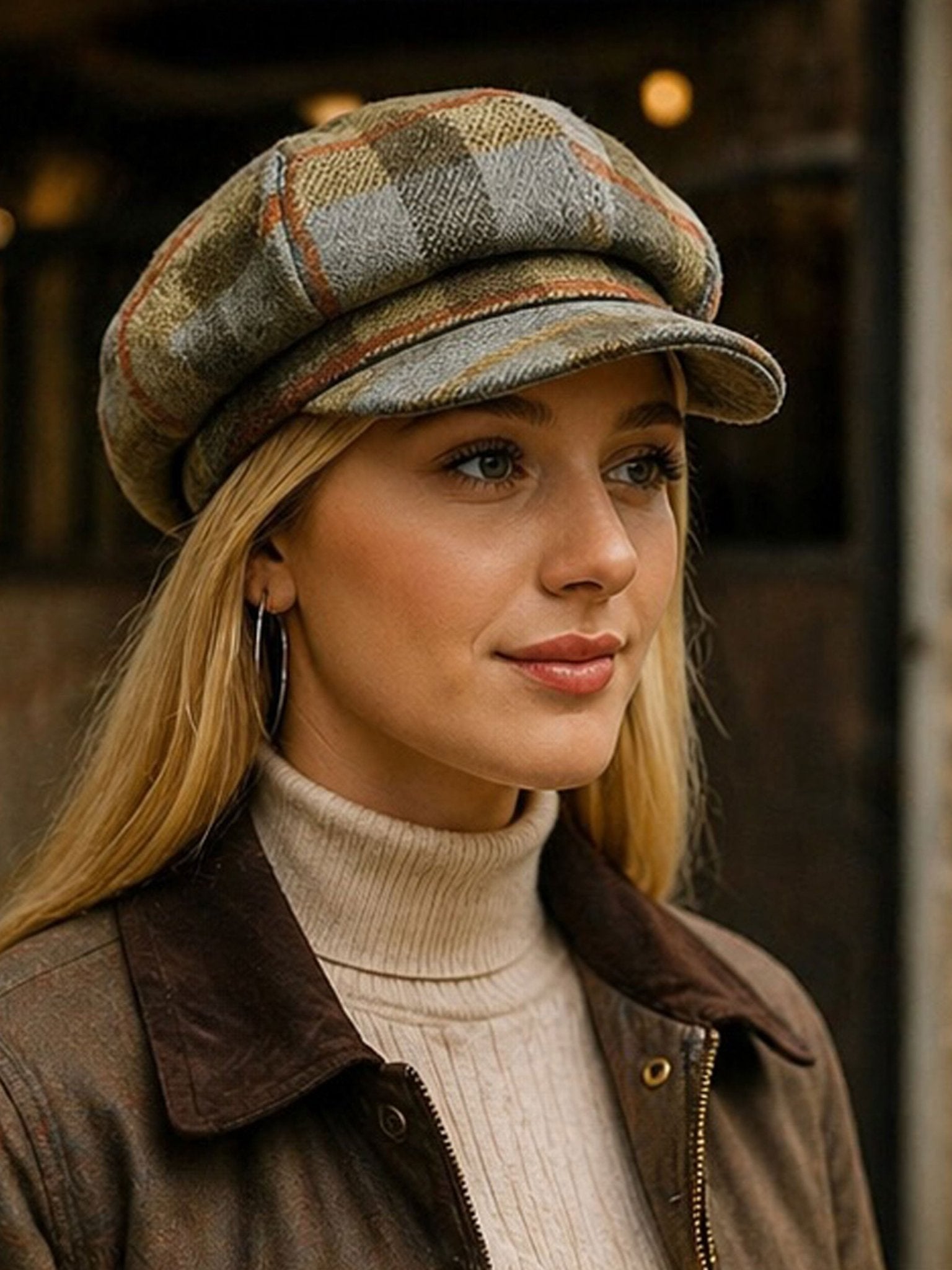 Craggi Olive Tweed Baker Boy Hat Newsboy Cap Sand Check Shelby Hats ladies CRAGGI Hats