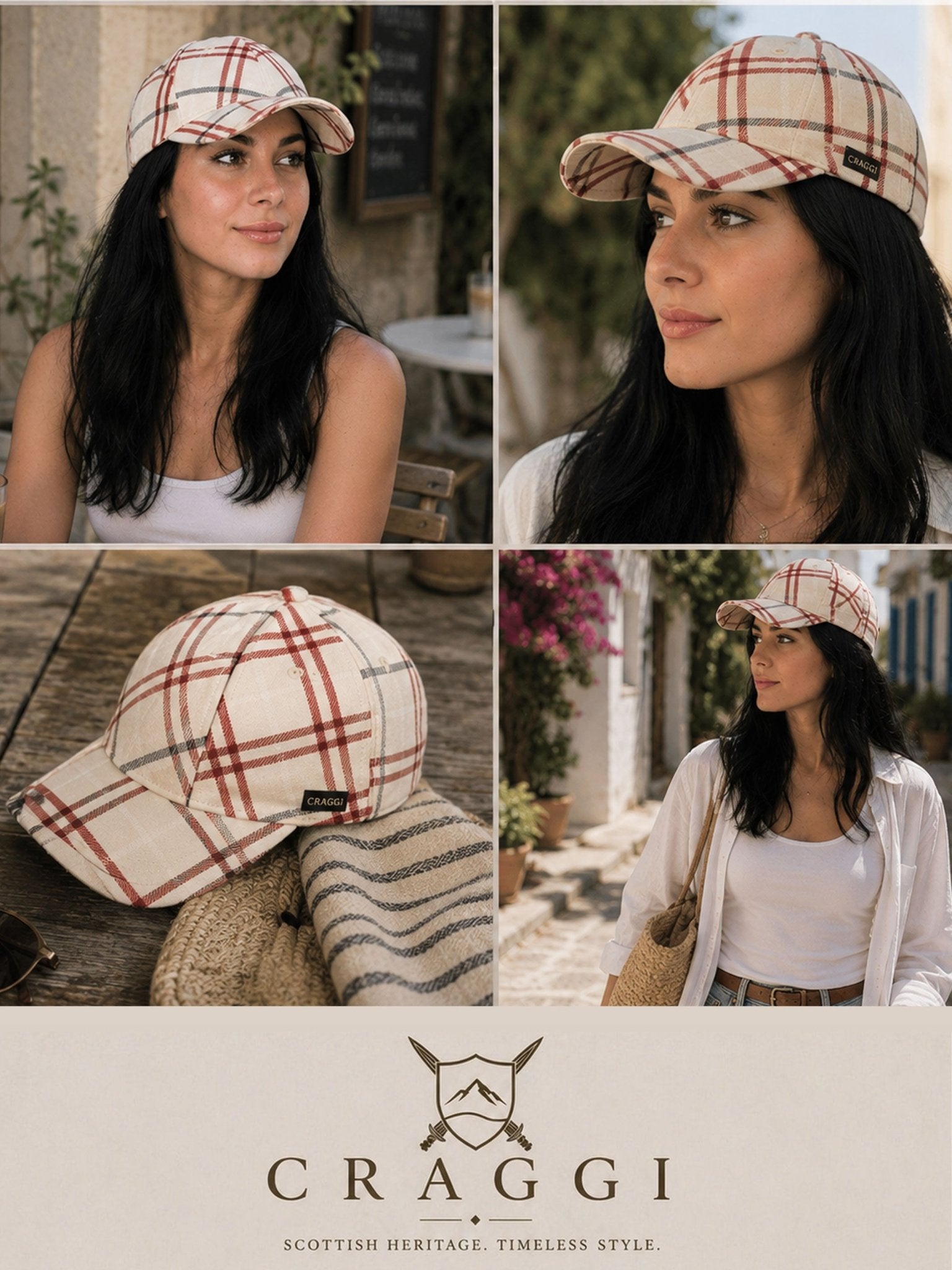 CRAGGI Signature Check Baseball Cap – Ladies Adjustable Cotton Hat Navy Red Cream Check Sports Cap CRAGGI Hats