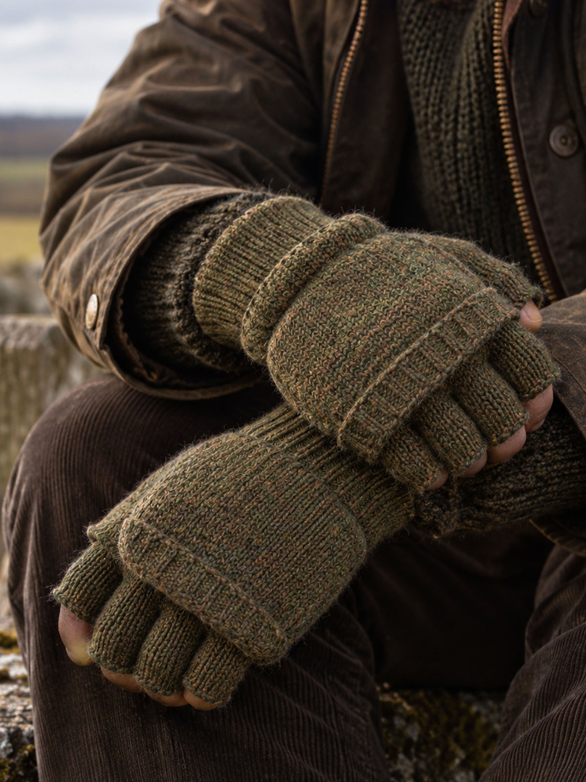 Dents men's olive knitted wool cap mitt shooting gloves, worn with waxed jacket