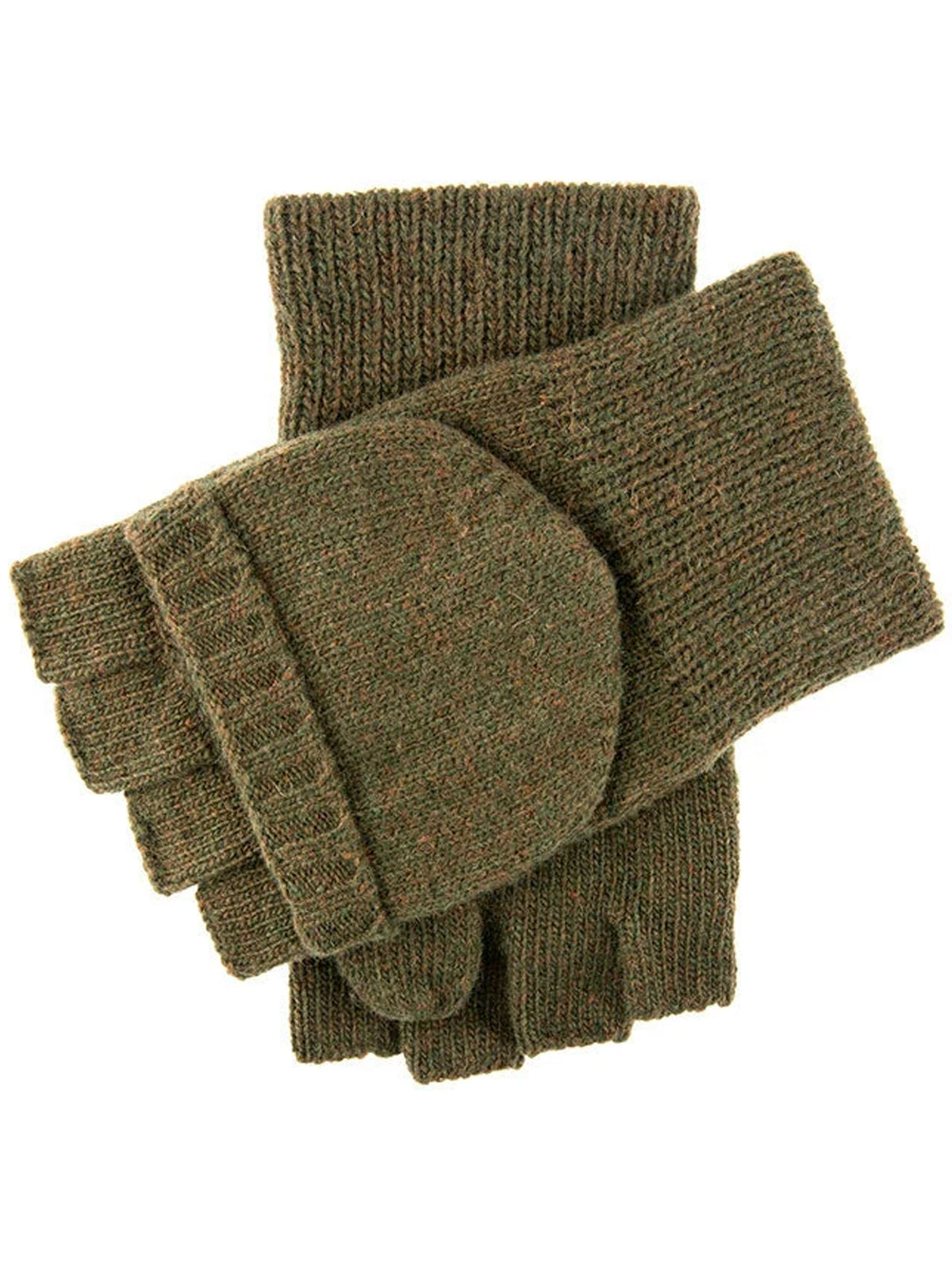 Dents men's olive knitted wool shooting gloves with fold-back mitten cap, pair on white background