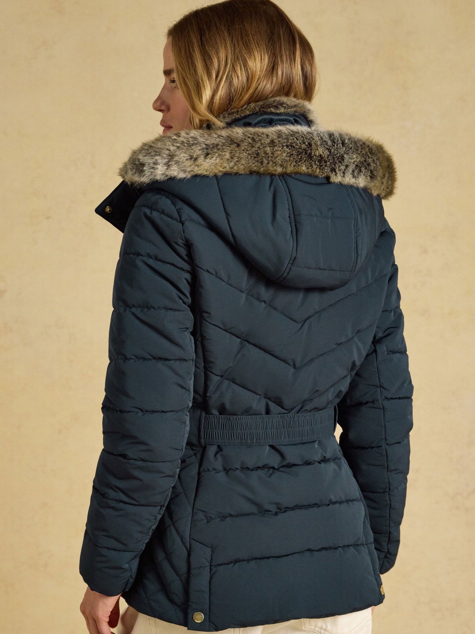 Joules Aspen Ladies Showerproof Padded Coat with Detachable Faux Fur Hood Joules Outerwear