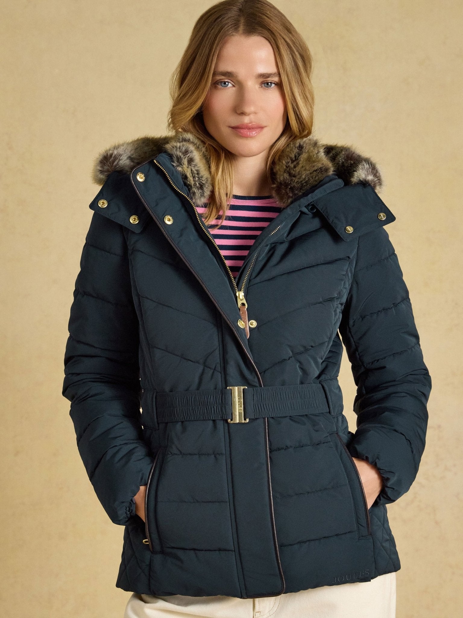 Joules Aspen Ladies Showerproof Padded Coat with Detachable Faux Fur Hood Joules Outerwear