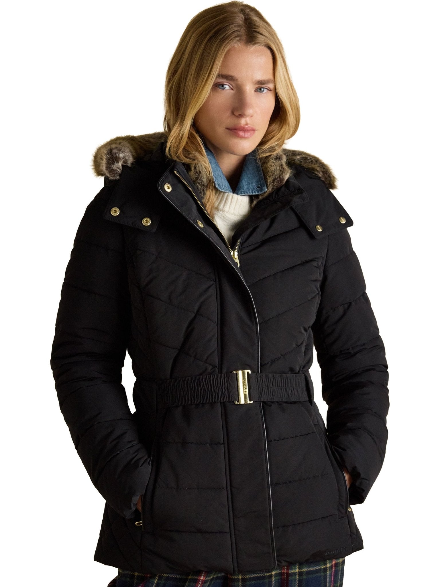 Joules - Ladies Aspen Showerproof Padded womens Coat with Faux Fur removable Hood Joules