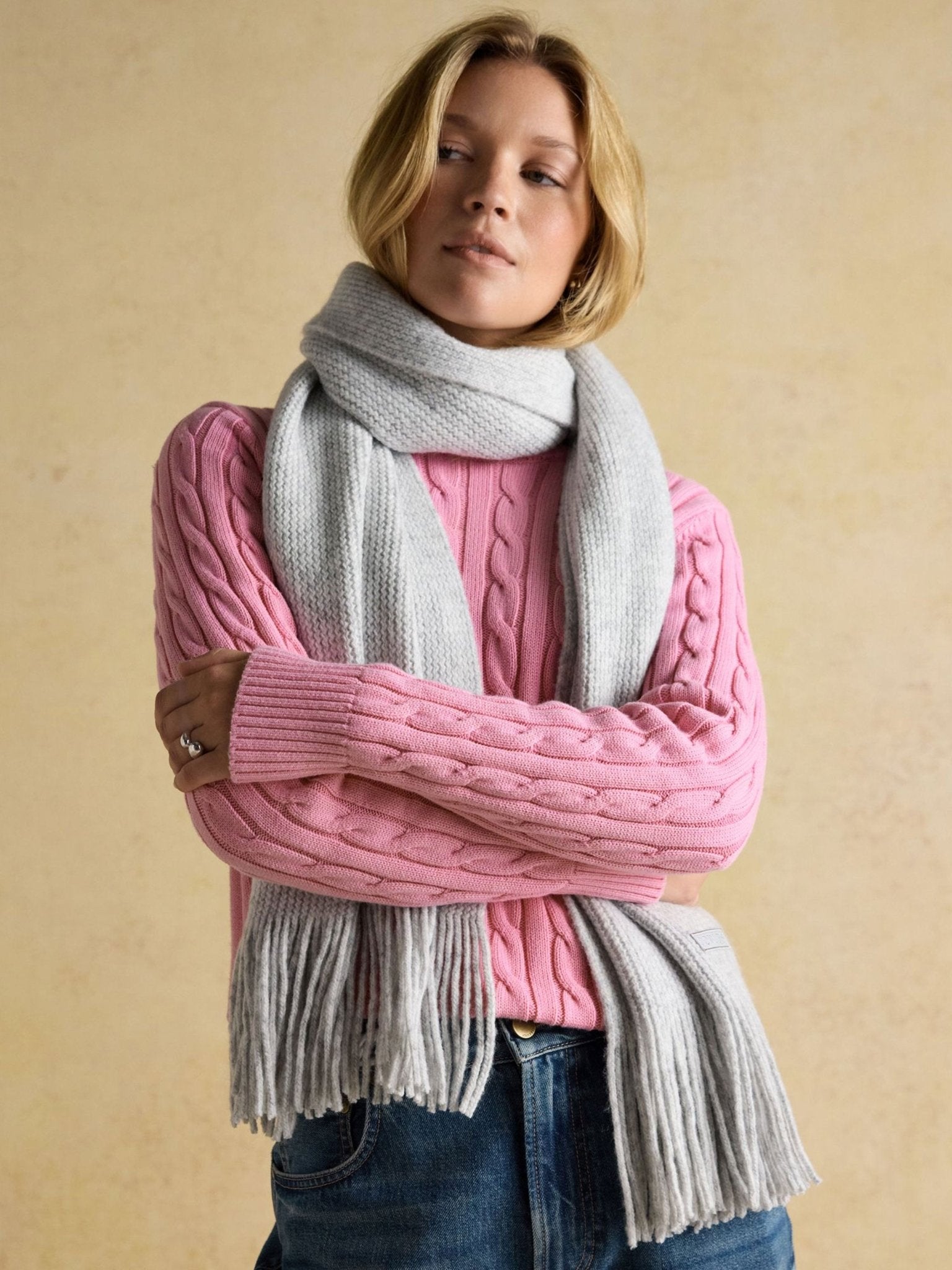 Joules Rosa Oatmeal Knitted Scarf – Soft Fringed Winter Wrap Joules Ladies Headwear