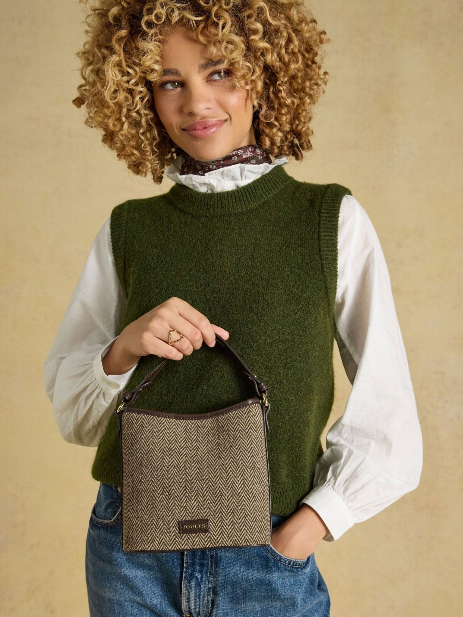 Joules Women’s Bucket Bag – Neutral Herringbone Crossbody & Shoulder Bag Joules Bag
