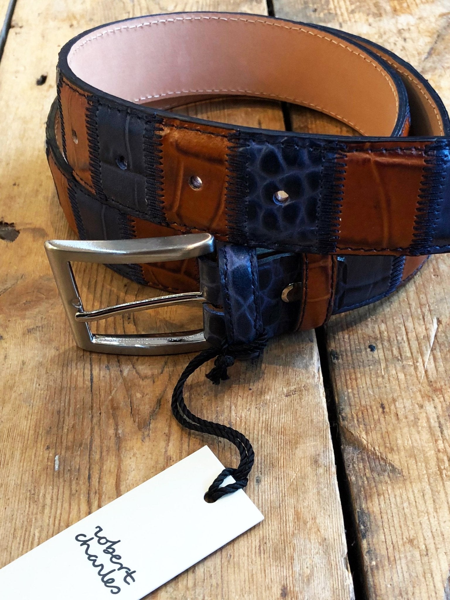 Robert Charles Belts - 1628 Patchwork Blue 40mm Belt / Mens Belt - Made in Italy - 100% Leather