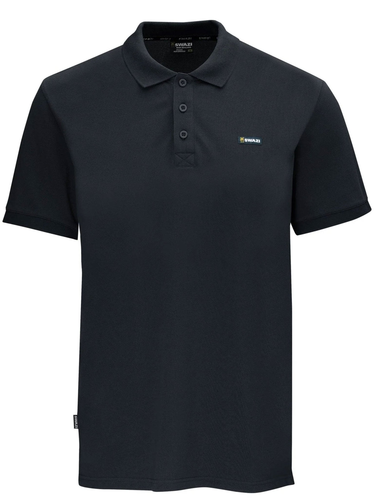 Swazi men's black cotton piqué polo shirt, front view