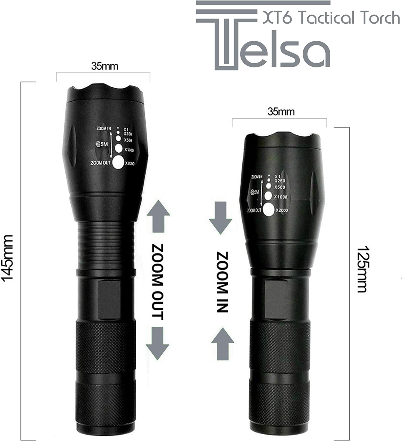 Telsa - Waterproof Zoom Aluminium LED Tactical Torch Flashlight - Free 4 x 18650 Batteries & USB Charger