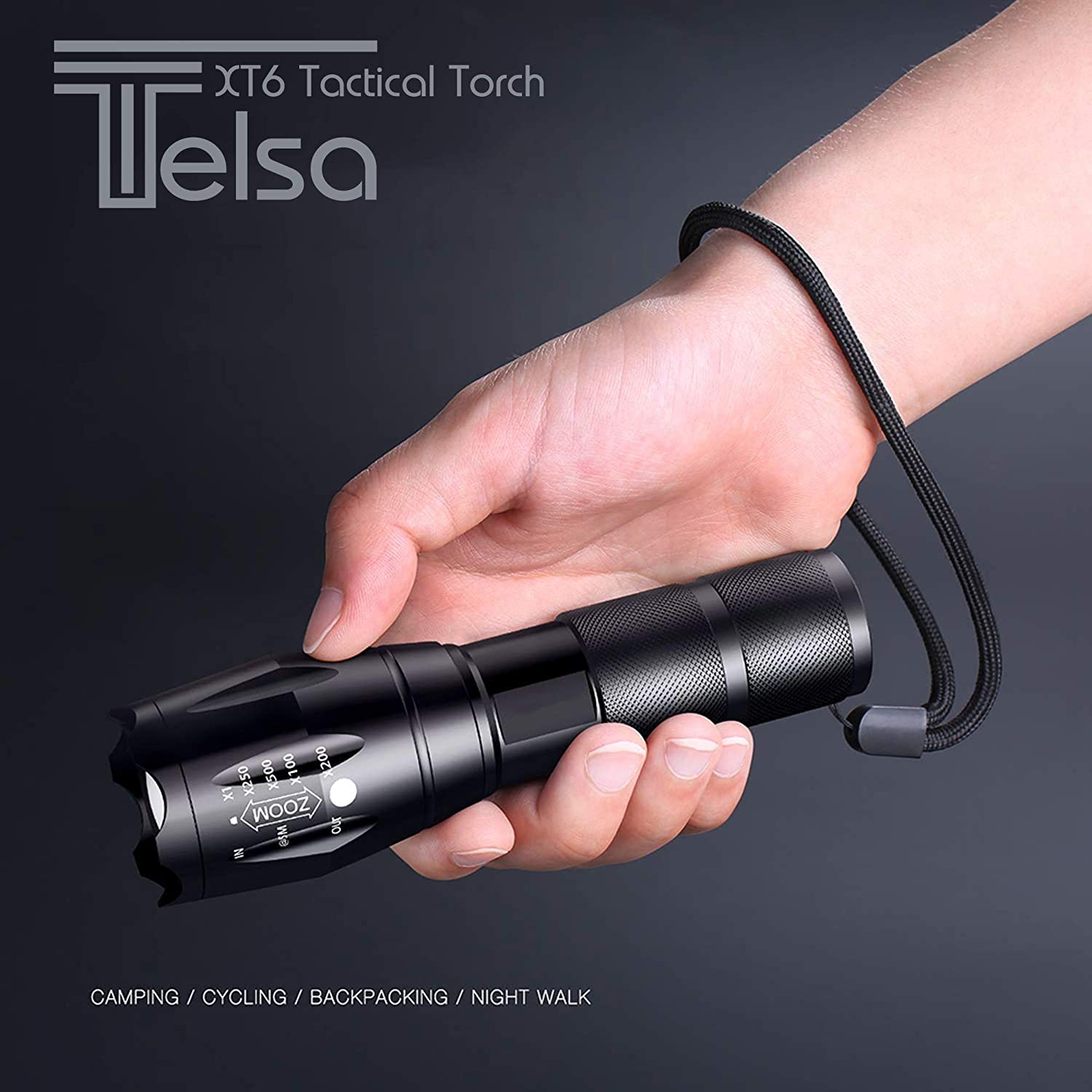 Telsa - Waterproof Zoom Aluminium LED Tactical Torch Flashlight - Free 4 x 18650 Batteries & USB Charger
