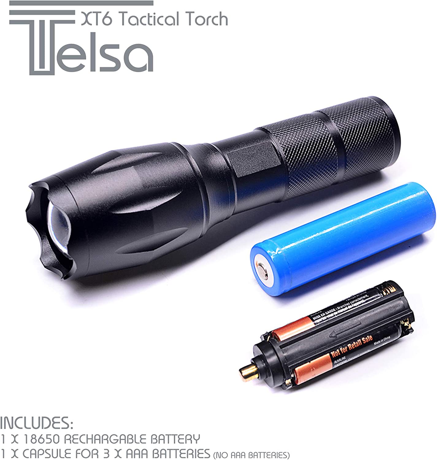 Telsa - Waterproof Zoom Aluminium LED Tactical Torch Flashlight - Free 4 x 18650 Batteries & USB Charger