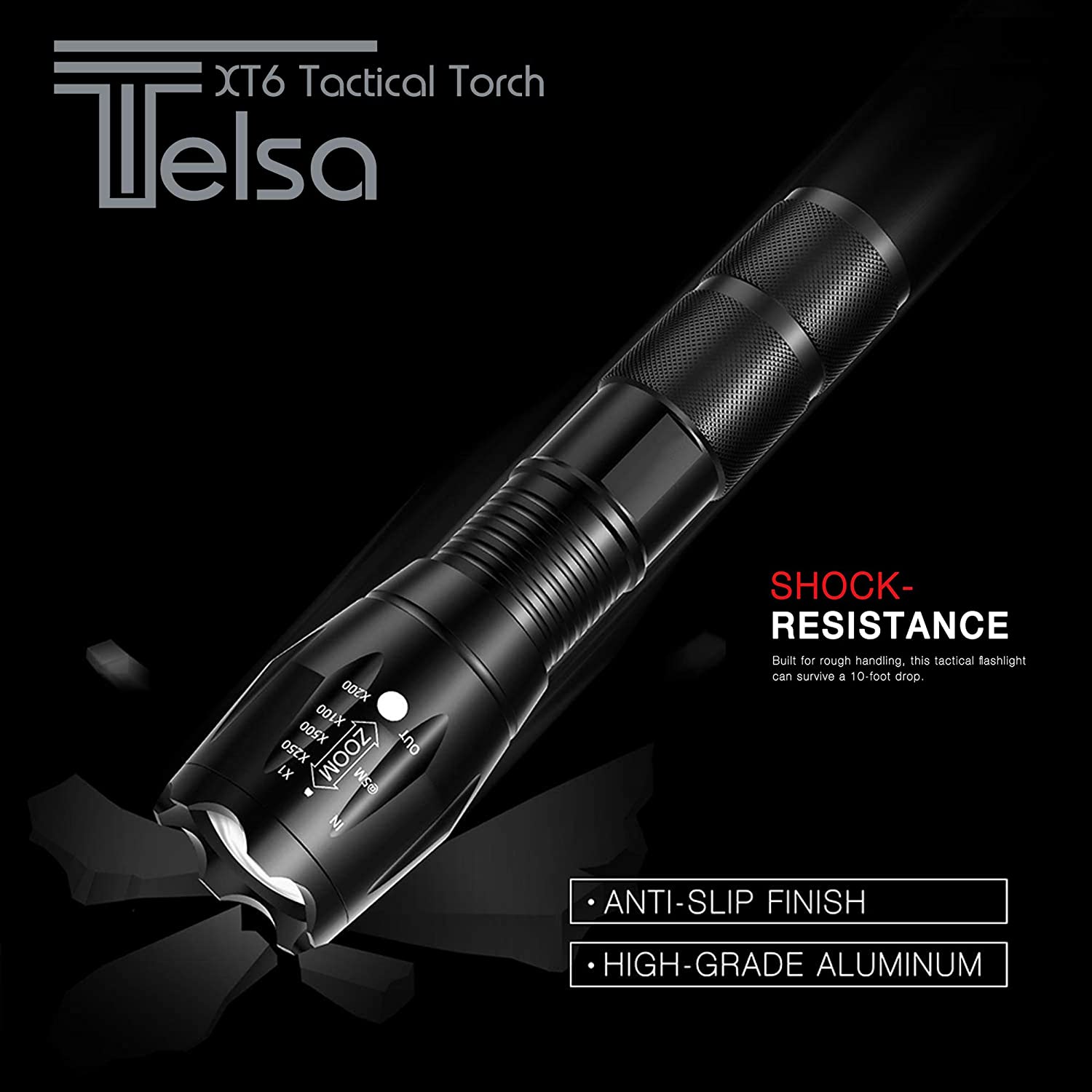 Telsa - Waterproof Zoom Aluminium LED Tactical Torch Flashlight - Free 4 x 18650 Batteries & USB Charger