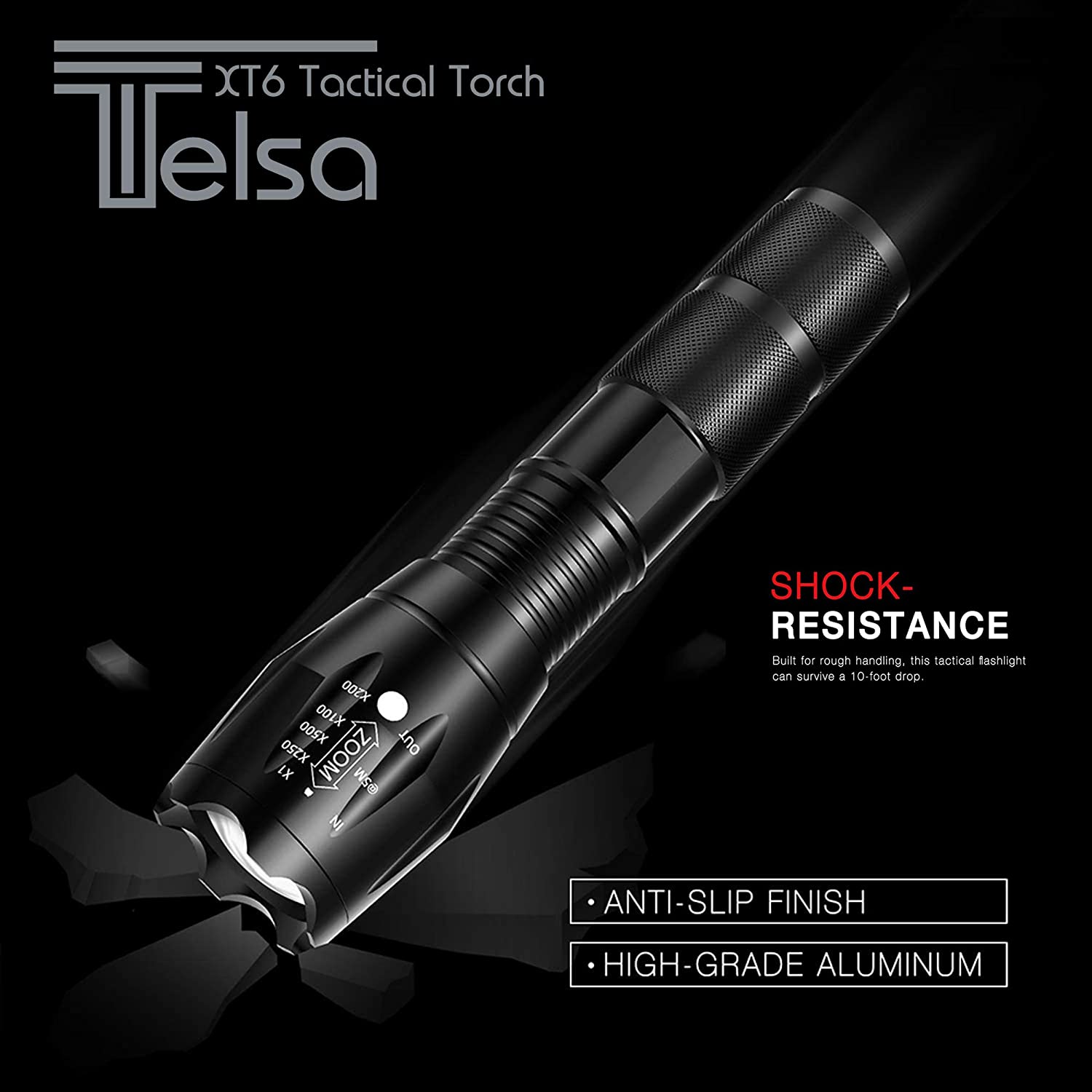 Telsa Telsa - Waterproof Zoom Aluminium LED Tactical Torch Flashlight - Free 4 x 18650 Batteries & USB Charger Torch
