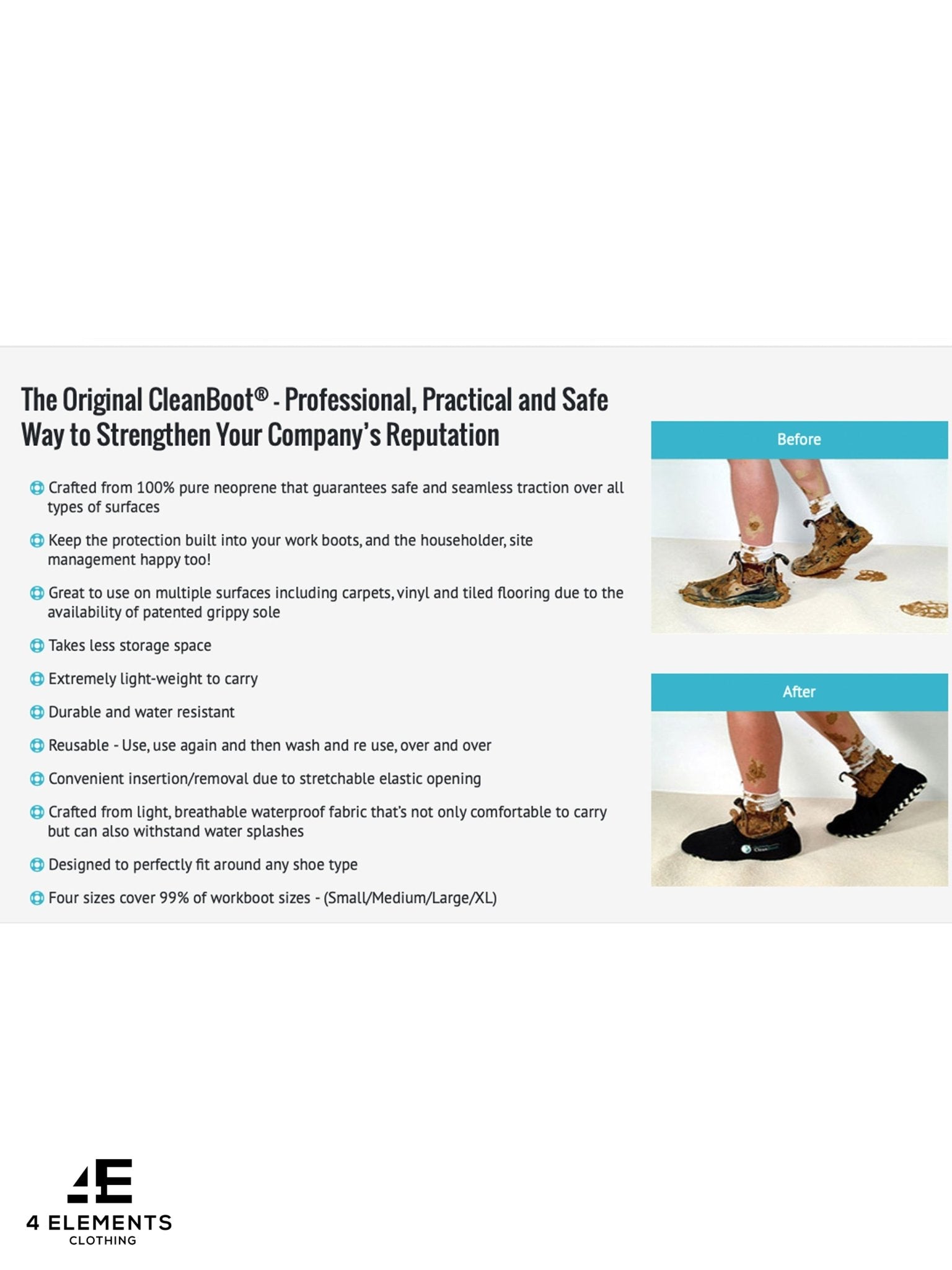 The Original CleanBoot The Original CleanBoot ™ – Professional, Stretchable design with a grippy sole, Protect your floor. Safety Footwear